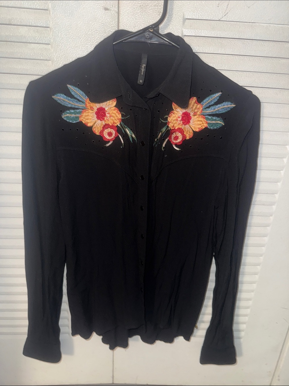 Pepe Jeans Black Button-Down Shirt with Embroidered Floral Yoke